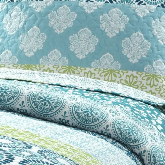 Cotton 3 Piece Reversible Blue White Green Floral Damask Quilt Set {5}