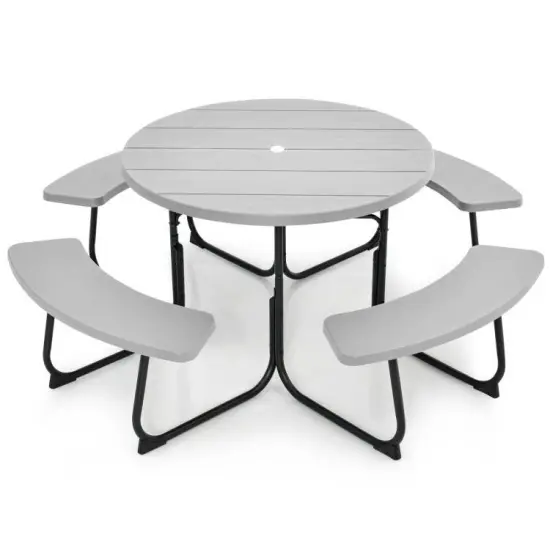 75" Round HDPE 8-Seater Outdoor Picnic Table with Umbrella Hole and Metal Frame Grey {7}