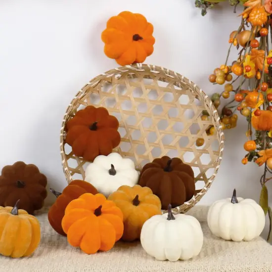 15PCS Artificial Fall Flocked Pumpkins Tabletop Decor {4}