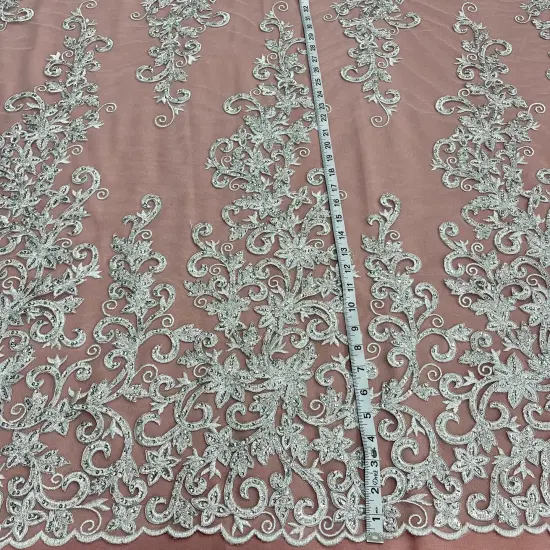 1 Yard Ivory Beaded & Corded Bridal Fabric Lace Embroidered on 100% Polyester Net Mesh, 51" Width, Elegant Wedding Fabric Silver {5}