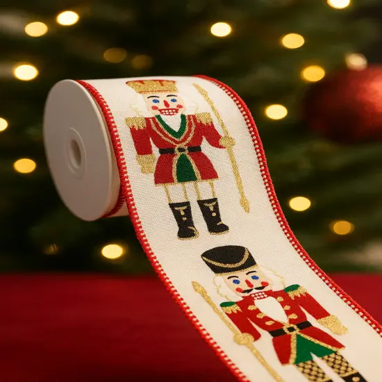 Designer's Shop WR 63-5222 2.5&rdquo; x 10 yard Holiday Nutcracker with gold glitter wired edge ribbon {5}