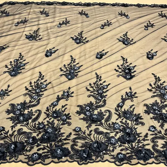1 Yard Beaded 3D Floral Lace Fabric Embroidered Elegant Mesh Dress 51" Width Black {5}
