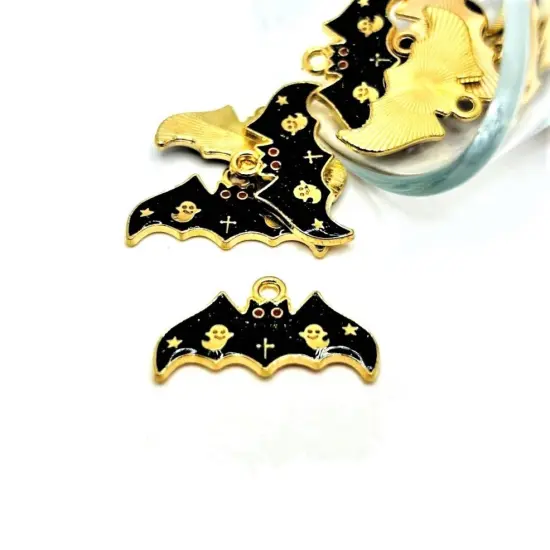 Black Enamel Bat with Glitter Wings Charms, 14x25mm {1}