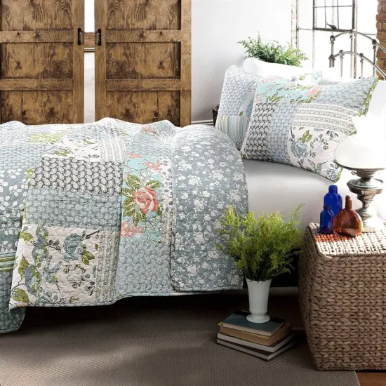 Boho Floral Blue Cotton Lightweight Quilt Set {3}