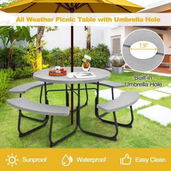 75" Round HDPE 8-Seater Outdoor Picnic Table with Umbrella Hole and Metal Frame Grey {3}