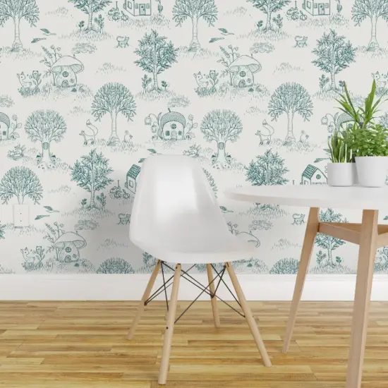 Peel & Stick Wallpaper 2FT Wide Whimsical Traditional Toile Animals Forest Woodland Trees Fairy House Deer Mushroom Cottagecore Fox Cat Birds Vintage Flowers Playroom Nursery Custom Removable Wallpaper by Spoonflower {1}