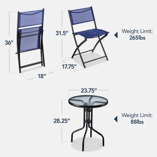 Best Choice Products 3-Piece Patio Bistro Dining Furniture Set w/ Round Textured Glass Tabletop, Folding Chairs Navy {2}