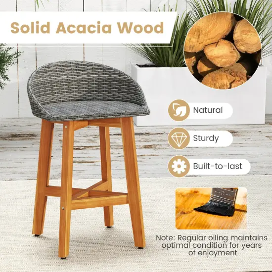 Costway Outdoor Faux Rattan Bar Chairs Set of 2/4 Solid Acacia Wood Bar Stools for Porch Brown/Gray {6}