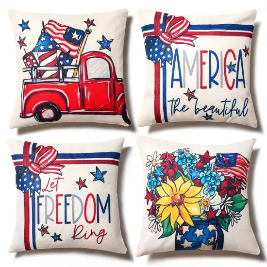 4th of July Decor-Throw Pillow Covers 18x18in Set of 4,Patriotic Linen Pillow Case for Independence Day,Memorial Day,Veteran's Day,USA,American Summer Outdoor Red White Blue Decorations {1}