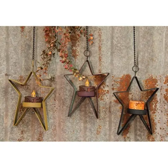 Multi Color Metal Hanging Star Tealight Candle Holders 3 Asst {2}