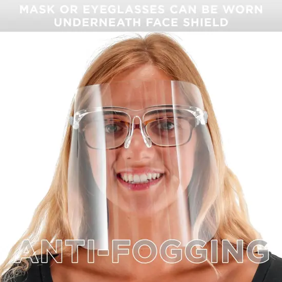 Face Shields with All Clear Glasses Frames (20 Packs of 10) - Ultra Clear Protective Full Face Shields, Protect Eyes Nose Mouth - Anti-Fog PET Plastic {4}