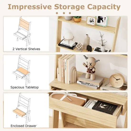 Costway Home Office Ladder Desk Wall-Leaning Laptop Workstation with Storage Shelves Natural/White/Walnut {5}