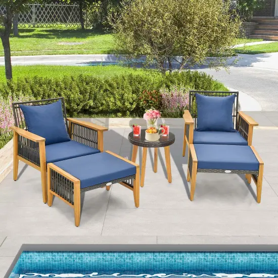 Costway 5 Pcs Patio Acacia Wood Wicker Woven Furniture Set with Coffee Table & 2 Ottomans Navy/Beige {1}