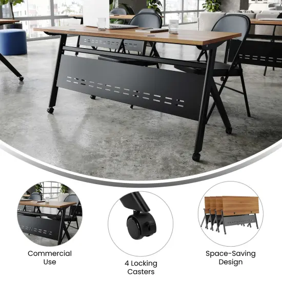 Emma and Oliver Griffin Heavy-Duty Flip Top Training Table with Nesting Design, Privacy Panel, Y-Legs, Tabletop, Metal Frame WalnutTop/BlackFrame {3}