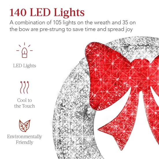 Best Choice Products 48in Pre-Lit Outdoor Christmas Wreath, LED Metal Holiday Décor w/ 140 Lights, Bow Silver/Red {3}