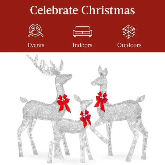 Best Choice Products 3-Piece Lighted Christmas Deer Set Outdoor Yard Decoration with 360 LED Lights, Stakes Silver {6}