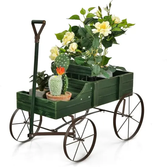 Wooden Garden Wagon Planter with Handle & Wheels Green {1}