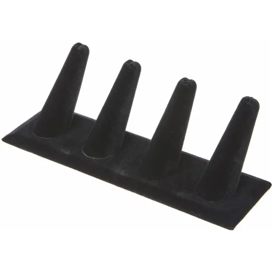 Plymor Black Velvet Ring Finger Display, Four on Rectangular Base, 6" W x 2.125" D x 2.5" H {1}