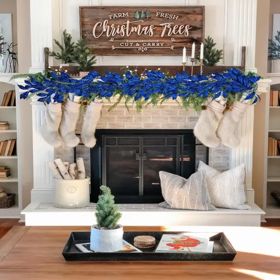 3 Pcs 6FT Christmas Garland Blue Glittered Artificial Magnolia Leaves {5}