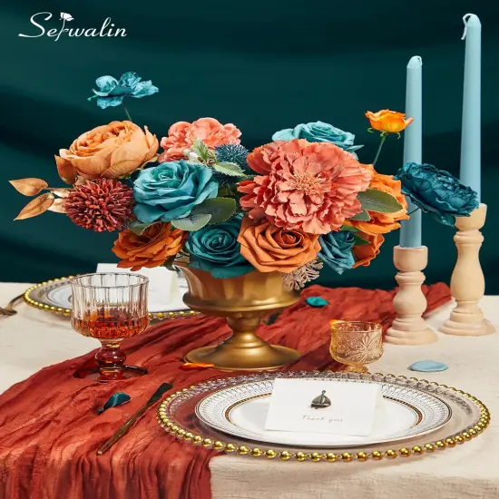 Teal Burnt Orange Silk Artificial Floral {2}