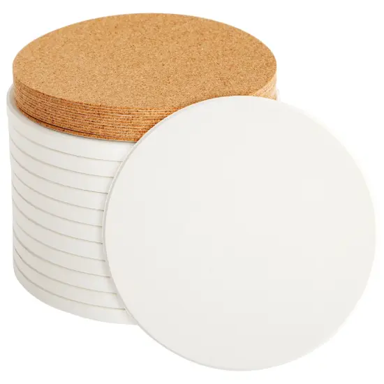 12 Round Unglazed Ceramic Tiles for Crafts with 12 Cork Pads for DIY Coasters, Acrylic Pouring, Alcohol Ink, White Blank Coasters for Painting, Art Projects (4.2 In) {1}