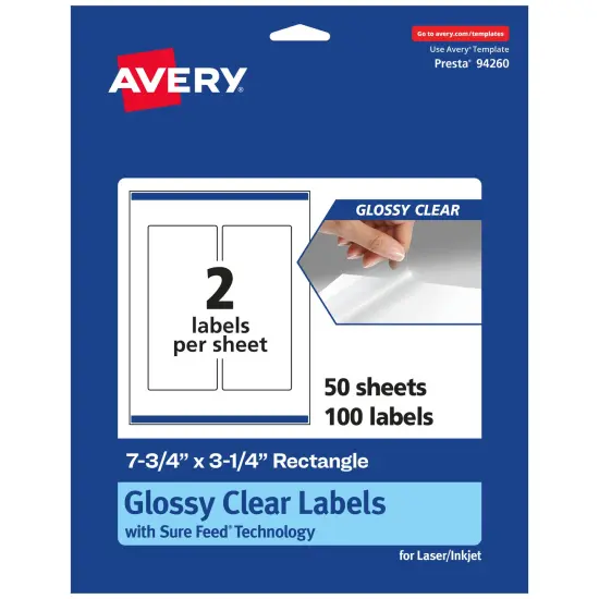 Avery Glossy Clear Rectangle Labels with Sure Feed, 7.75" x 3.25" {1}