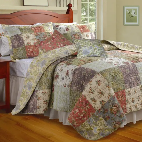 Multi-Color Machine Washable Quilted Coverlet Set with Floral Jacobean Print and Reversible {3}