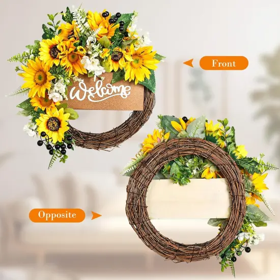 15&ldquo; Sunflower Summer Floral Wreath for Front Door with Welcome Sign,Sunflower Daisy Yellow Summer Wreath for Door Wall Front Porch Home Decoration Outdoor {4}
