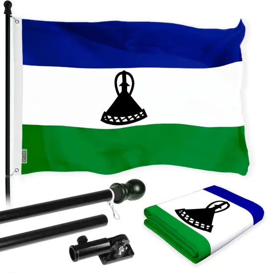 G128 Combo Pack: 6 Ft Tangle Free Aluminum Spinning Flagpole (Black) & Lesotho Basotho Flag 3x5 Ft, LiteWeave Pro Series Printed 150D Polyester | Pole with Flag Included {1}