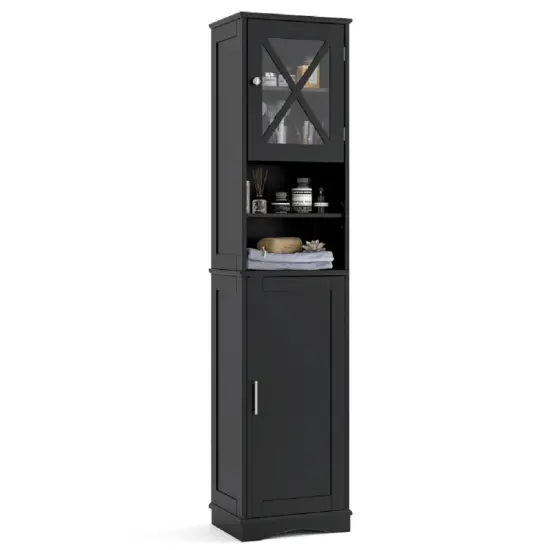 67 Inch Tall Freestanding Bathroom Storage Cabinet with 5 Adjustable Shelves and 2 Open Compartments Black {7}