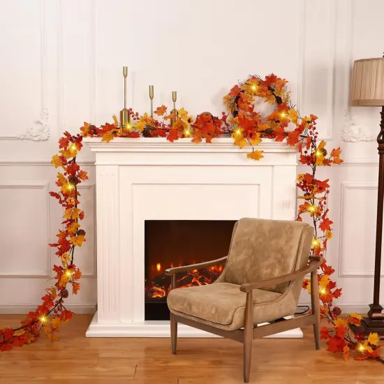 Autumn Garland Maple Leaves with 50 LED Artificial Sunflower Berry Vine {2}