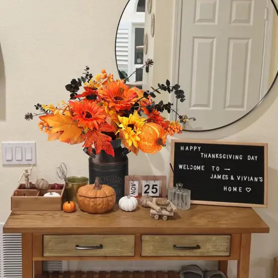 2 Pcs Artificial Fall Flowers Arrangement with Metal Pot {2}