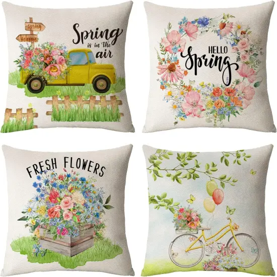 Hello Spring Pillow Covers 18x18 Set of 4 Floral Throw Pillow Covers Spring Summer Decorative Cushion Covers Truck Biycle Flower Pillow Cases for Home Sofa Couch Outdoor Decor (18 by 18) {1}