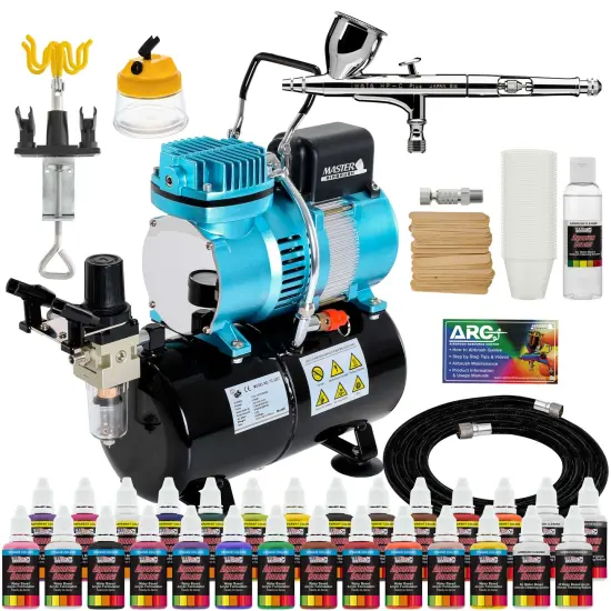 Iwata High Performance Plus HP-C Plus Airbrush Kit with Cool Runner II Dual Fan Air Tank Compressor, 24 Color Airbrush Paint Set and Accessories Set {1}