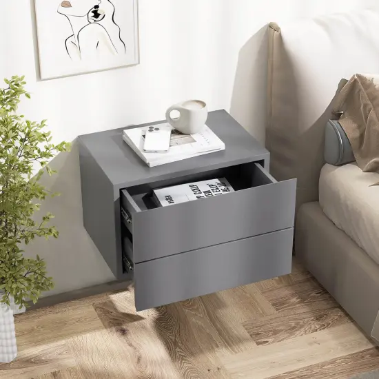 Costway 1/2 PCS Floating Nightstand with Drawer Storage Modern Floating Bedroom Shelf Gray {4}