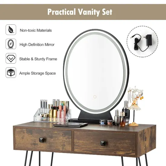 Costway Vanity Makeup Dressing Table W/ 3 Lighting Modes Mirror Touch Switch Rustic\Coffee {5}