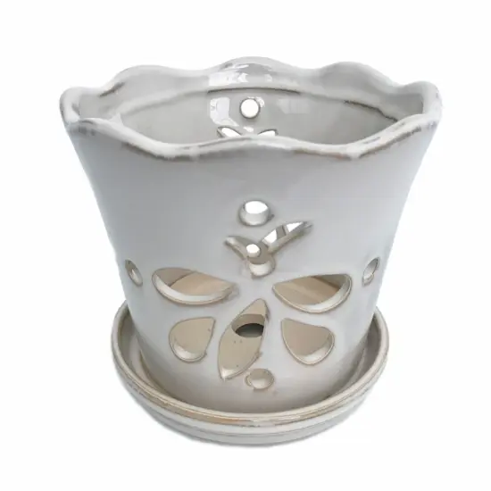 Butterfly Ceramic Orchid Pot/Saucer 5" x 5" - White - #50248 {1}