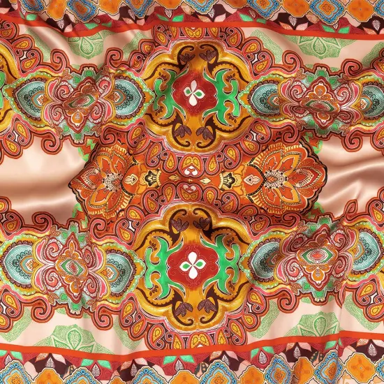 1 Yard Vibrant Green, Red and Orange Floral Tile Silk Charmeuse Fabric 53 inch Width {1}