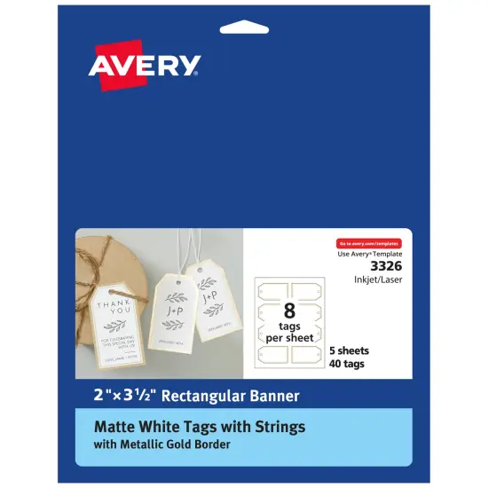Avery Tags with Metallic Gold Borders and Strings, 2" x 3.5", 40 Total, Laser/Inkjet Printable Tags (3326) {1}