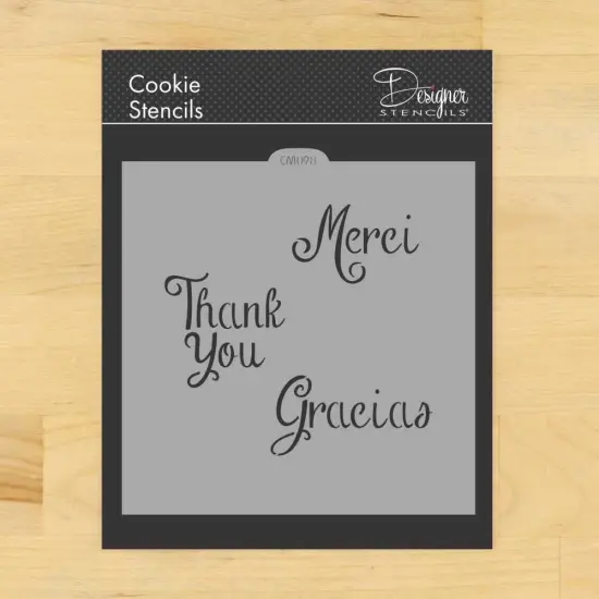Merci, Thank You and Gracias Cookie & Craft Stencil | CM098 by Designer Stencils | Cookie Decorating Tools | Baking Stencils for Royal Icing, Airbrush, Dusting Powder | Craft Stencils for Canvas, Paper, Wood | Reusable Food Grade Stencil {1}