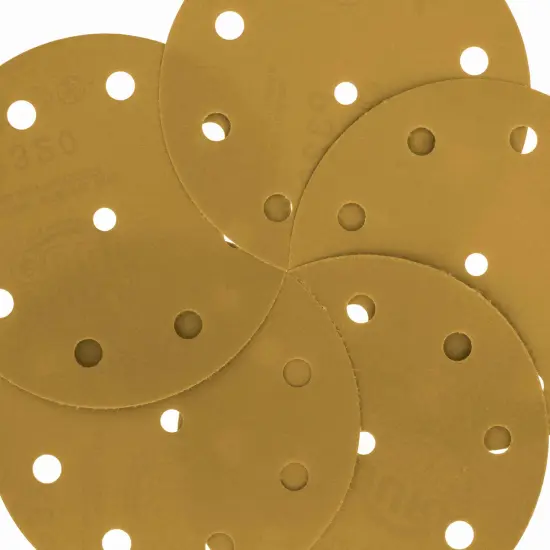 320 Grit - 5" Gold DA Sanding Discs - 9-Hole Pattern Hook and Loop - Box of 50 {3}