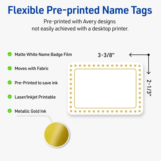 Avery® Printable Rectangle Adhesive Name Tags, Gold Border with Gold Dots Design, 2-1/3" x 3-3/8", Matte White Removable Name Tags, Laser/Inkjet, 80 Total, Great for Name Badges {2}