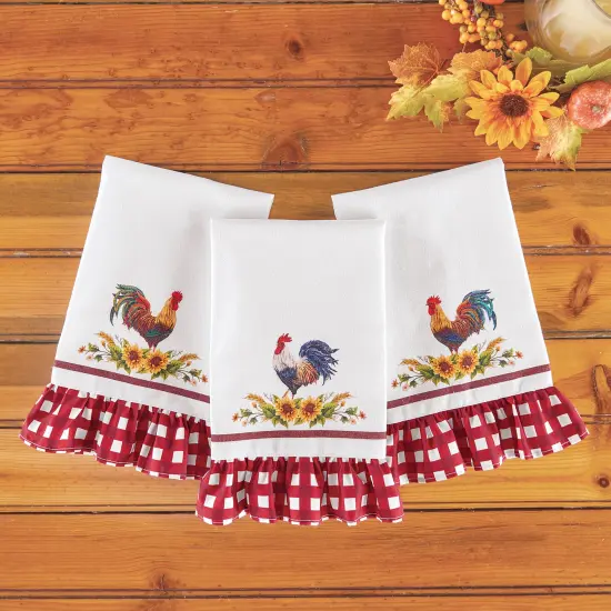 Collections Etc Roosters and Sunflowers Ruffled Hand Towels - Set of 3 {1}