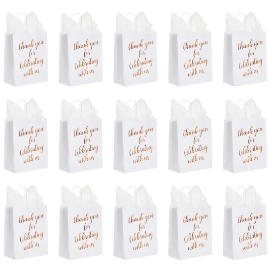 15-Pack Medium Sized Gift Bags with Tissue Paper for Wedding, Rose Gold Foil Thank You for Celebrating With Us Bags with Handles, Kraft Paper (10 x 8 x 4 Inches) {5}