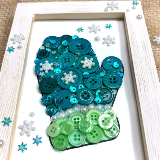 Buttons Galore & More DIY Button Art Frame Kit, Winter Mitten Design with Snowflakes, Wood Frame, Turquoise and Green Buttons, Wall Decor Craft Set, Ages 6+ {5}