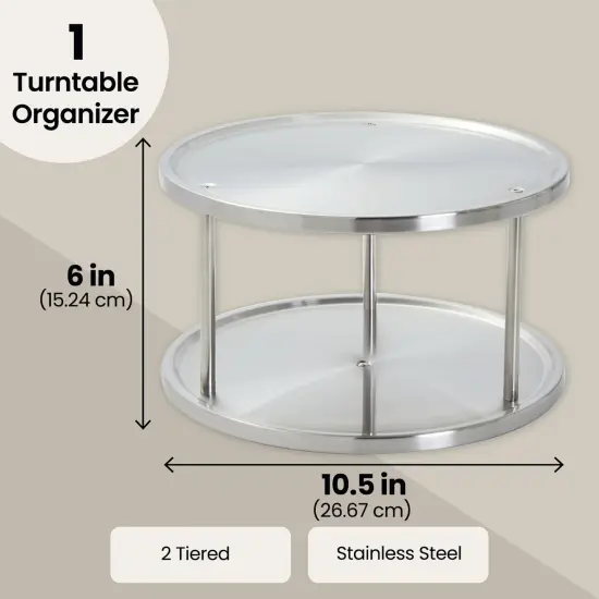 2 Tier Lazy Susan Turntable Organizer for Cabinet, Revolving Spice Rack Carousel for Kitchen Pantry Storage, Stainless Steel (10.5 In) Silver {5}