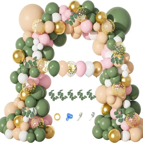 166Pcs Sage Green Balloon Garland Arch Kit Olive Green Blush Peach White Gold Balloons Artificial Eucalyptus Stems Jungle Safari {1}