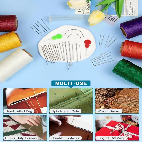 Leather Upholstery Sewing Waxed Thread: 218 Yards 210D Wax String Set with 30Large Eye Hand Sewing Needles,2 Curved Needle and 2 pcs Needle threaders {2}