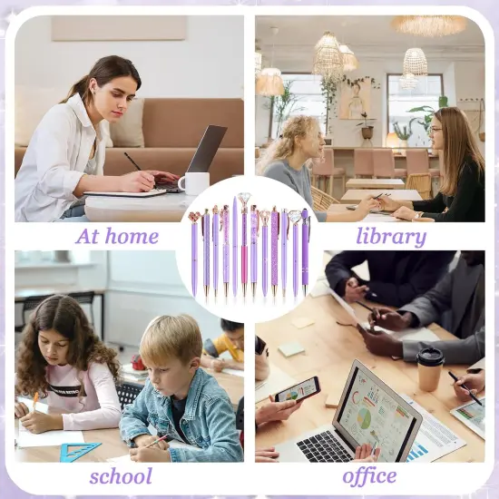 12Pcs Luxury Crystal Diamond Ballpoint Pens Set - Purple Glitter Metal Pens for Women, Journaling Supplies with Black Ink for School Office Desk {4}