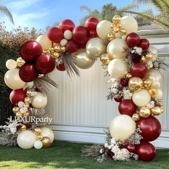 Burgundy Gold Balloons Garland Double Stuffed Wine Red Sand White Metallic Gold Latex Balloons Arch Kit {4}
